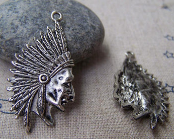 Accessories - 10 Pcs Of Antique Silver Indian Chief Charms Pendants 30x55mm A2285