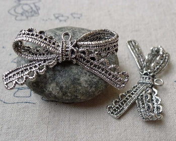 Accessories - 10 Pcs Of  Antique Silver Lace Edge Bow Tie Knot Connectors Pendants Charms 23x43mm A6659