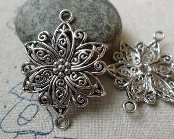 Accessories - 10 Pcs Of Antique Silver Lovely Filigree Flower Connector Charms 27.5mm A6567