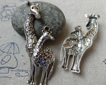 Accessories - 10 Pcs Of Antique Silver Mother And Baby Giraffe Pendants Charms 20x54mm A6512