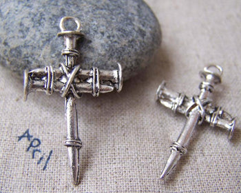 Accessories - 10 Pcs Of Antique Silver Nail Cross Charms Pendants 19x35mm A884