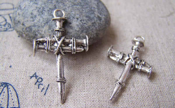 Accessories - 10 Pcs Of Antique Silver Nail Cross Charms Pendants 19x35mm A884