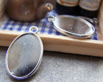 Accessories - 10 Pcs Of Antique Silver Oval Cameo Base Setting  Match 12x18mm Cabochon Double Sided A3197