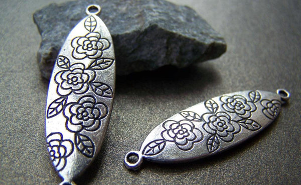 Accessories - 10 Pcs Of Antique Silver Oval Flower Connectors Charms Double Sided 13x43mm A1949