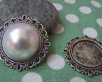 Accessories - 10 Pcs Of Antique Silver Round Cameo Base Settings 29mm Match 20mm Cabochon  A2441