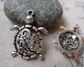 Accessories - 10 Pcs Of Antique Silver Swirly Flower Filigree Sea Turtle Charms 21x28mm A6084