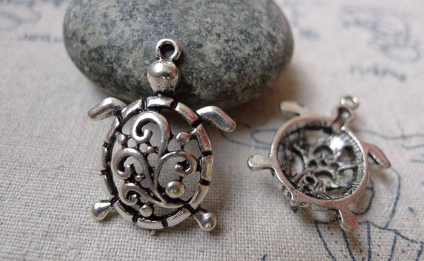 Accessories - 10 Pcs Of Antique Silver Swirly Flower Filigree Sea Turtle Charms 21x28mm A6084