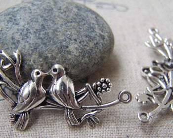 Accessories - 10 Pcs Of Antique Silver Two Love Birds On Branch Connector Charms 25x45mm A2938