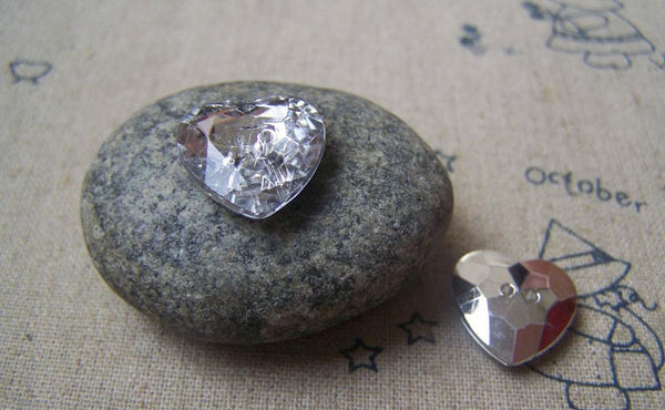 Accessories - 10 Pcs Of Crystal Clear Faceted Heart Acrylic Buttons 16mm A4782