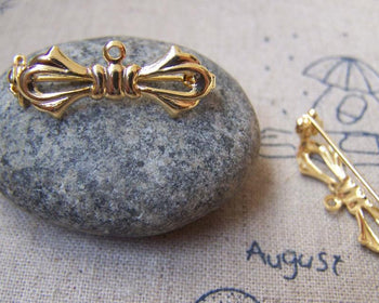 Accessories - 10 Pcs Of Gold Tone Brass Bow Tie Safety Pin Brooch Findings 10x27mm  A3063
