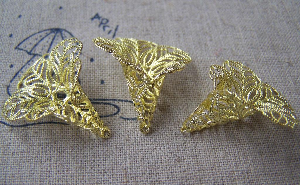 Accessories - 10 Pcs Of Gold Tone Filigree Flower Brass Bead Caps 24x27mm A3956