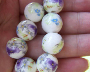 Accessories - 10 Pcs Of Hand Painted Blue Flower Ceramic Round Beads 14mm A1875