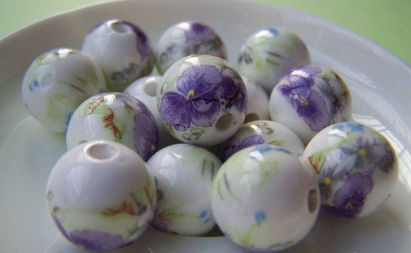 Accessories - 10 Pcs Of Hand Painted Blue Flower Ceramic Round Beads 14mm A1875