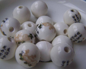 Accessories - 10 Pcs Of Hand Painted Chinese Characters Flower Round Ceramic Beads 12mm A1897