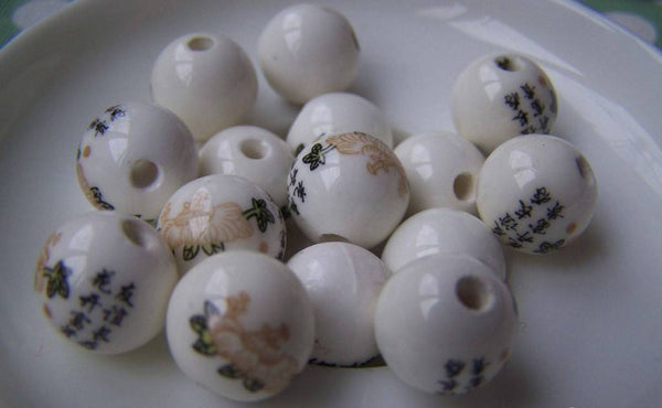 Accessories - 10 Pcs Of Hand Painted Chinese Characters Flower Round Ceramic Beads 12mm A1897