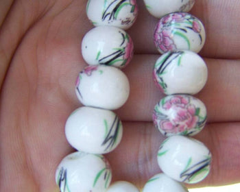 Accessories - 10 Pcs Of Hand Painted Flower Ceramic Rondelle Beads 9x12mm A1882