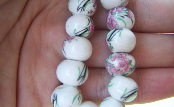 Accessories - 10 Pcs Of Hand Painted Flower Ceramic Rondelle Beads 9x12mm A1882