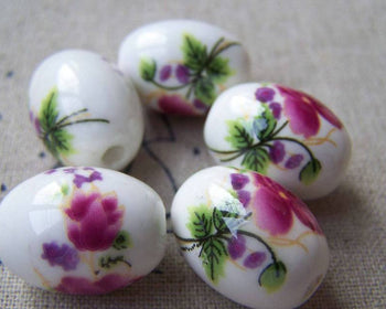 Accessories - 10 Pcs Of Hand Painted Flower Oval Chinese Ceramic Beads 13x18mm A1857