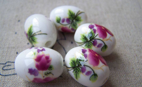 Accessories - 10 Pcs Of Hand Painted Flower Oval Chinese Ceramic Beads 13x18mm A1857
