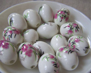 Accessories - 10 Pcs Of Hand Painted Flower Oval Chinese Ceramic Beads 13x18mm A4250
