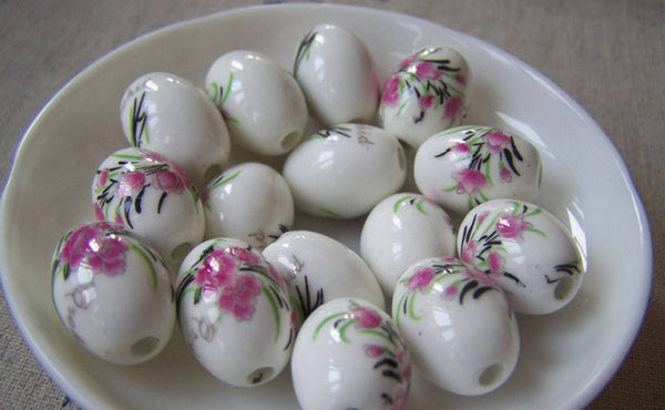 Accessories - 10 Pcs Of Hand Painted Flower Oval Chinese Ceramic Beads 13x18mm A4250
