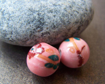 Accessories - 10 Pcs Of Hand Painted Red Flower Green Leaf Pink Ceramic Beads 10mm A1891