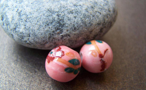 Accessories - 10 Pcs Of Hand Painted Red Flower Green Leaf Pink Ceramic Beads 10mm A1891