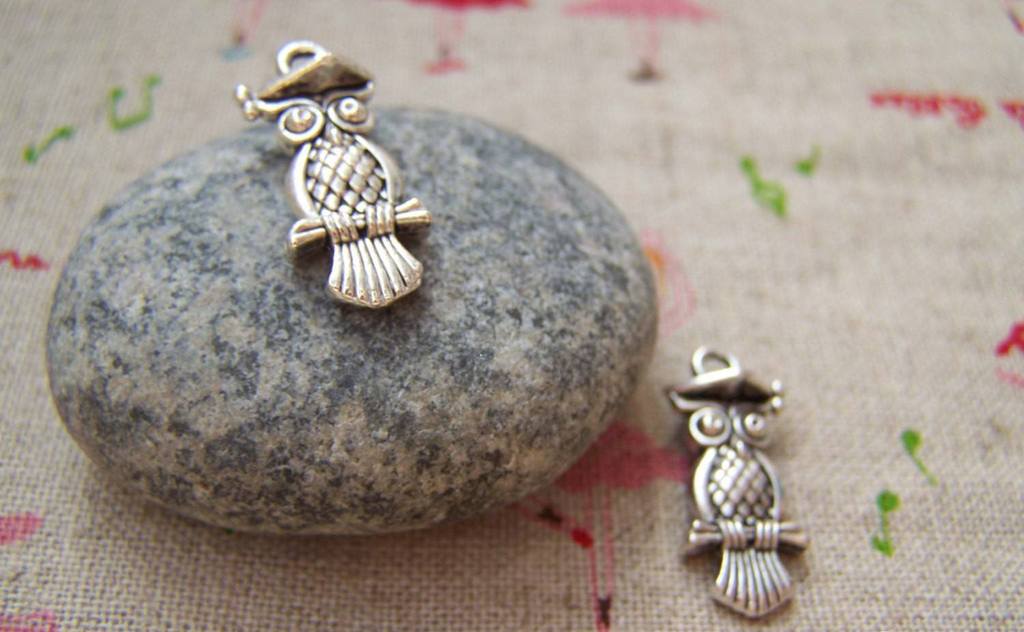 Accessories - 10 Pcs Of Tibetan Silver Antique Silver Lovely Owl Charms Double Sided  10x22mm A1846