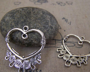Accessories - 10 Pcs Of Tibetan Silver Filigree Heart Pendant Charms Multiple Loops 25x30mm A5199