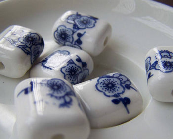 Accessories - 10 Pcs Rondelle Rectangular Blue Peony Flower Ceramic Beads 15x18mm A1866