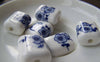 Accessories - 10 Pcs Rondelle Rectangular Blue Peony Flower Ceramic Beads 15x18mm A1866