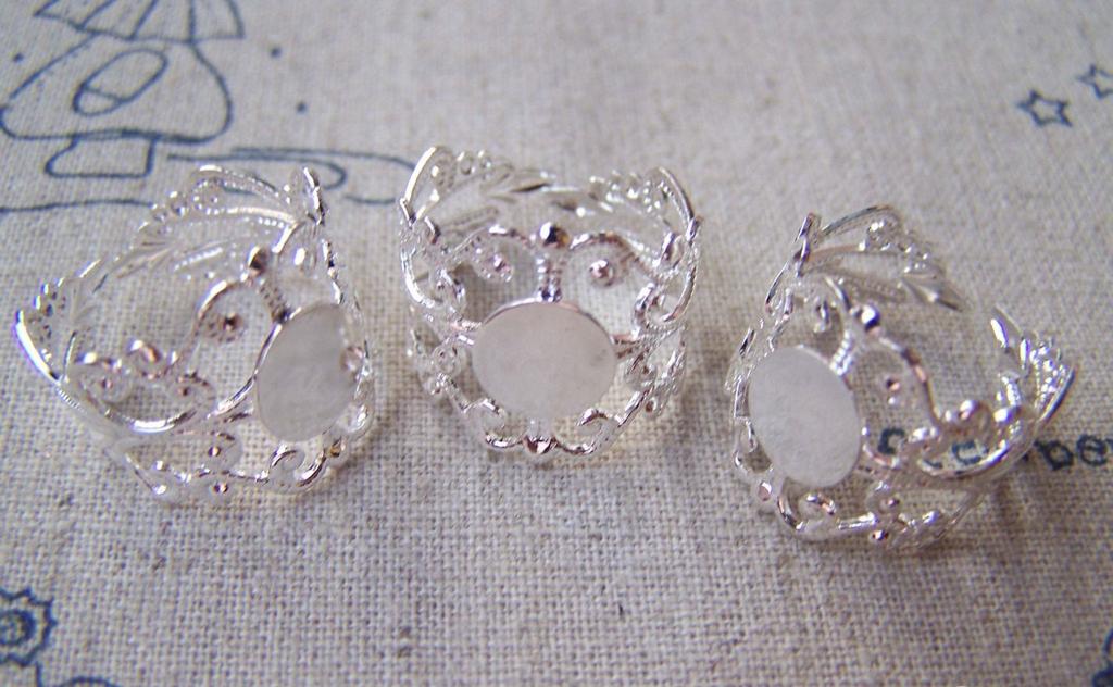 Accessories - 10 Pcs Silver Plated Brass Adjustable Filigree Flower Ring Bases With 8mm Pad A3890