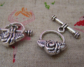 Accessories - 10 Sets Antique Silver Rose Flower Toggle Clasps A1268