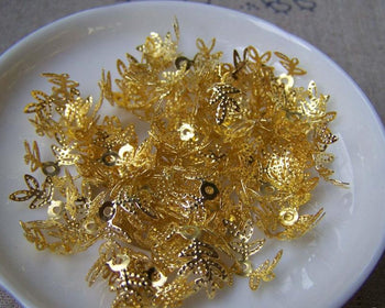 100 pcs of Gold Tone Three Leaf Filigree Bead Caps 14mm A2054