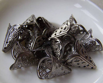 Accessories - 100 Pcs Of Gunmetal Black Iron Filigree Cone Bead Caps 16x16mm A3698