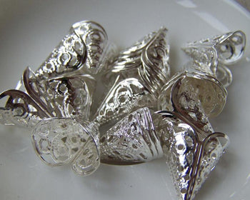 Accessories - 100 Pcs Of Silver Tone Iron Filigree Cone Bead Caps 16x16mm A3683