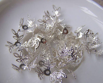 Accessories - 100 Pcs Of Silver Tone Three Leaf Filigree Bead Caps 14mm A2055