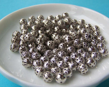 Accessories - 100 Pcs Of Silvery Gray Nickel Tone Filigree Ball Spacer Beads Size 6mm A4360