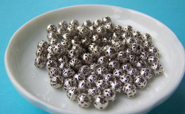 Accessories - 100 Pcs Of Silvery Gray Nickel Tone Filigree Ball Spacer Beads Size 6mm A4360