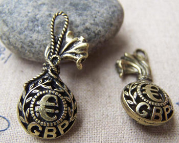 Accessories - 2 Pcs Antique Bronze Money Bag Sack Euro Pound GBP Charms Pendants  15x35mm A486