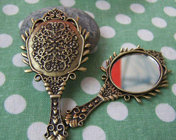 2 pcs Antique Bronze Victorian Glass Hand Mirror Pendant A1780