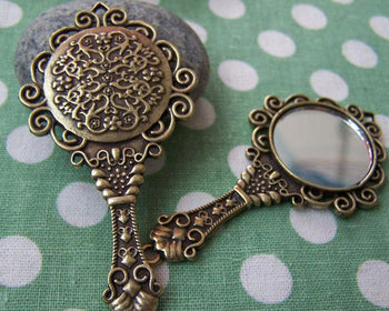 Accessories - 2 Pcs Antique Bronze Traditional Round Glass Mirror Pendant 35x68mm A1782