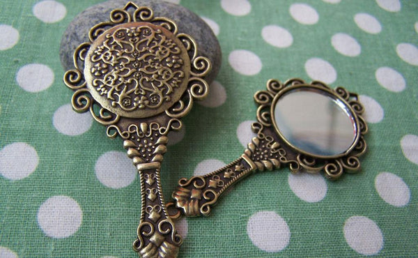 Accessories - 2 Pcs Antique Bronze Traditional Round Glass Mirror Pendant 35x68mm A1782