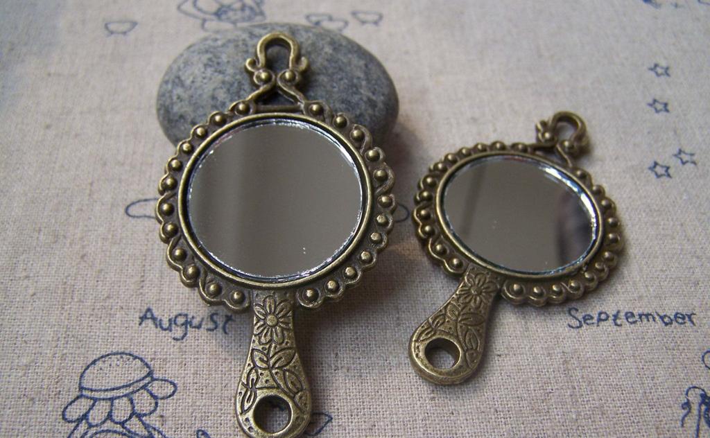 Accessories - 2 Pcs Antique Bronze Traditional Round Glass Mirror Pendant 37x68.5mm A2967