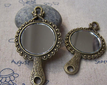 Accessories - 2 Pcs Antique Bronze Traditional Round Glass Mirror Pendant 37x68.5mm A2967