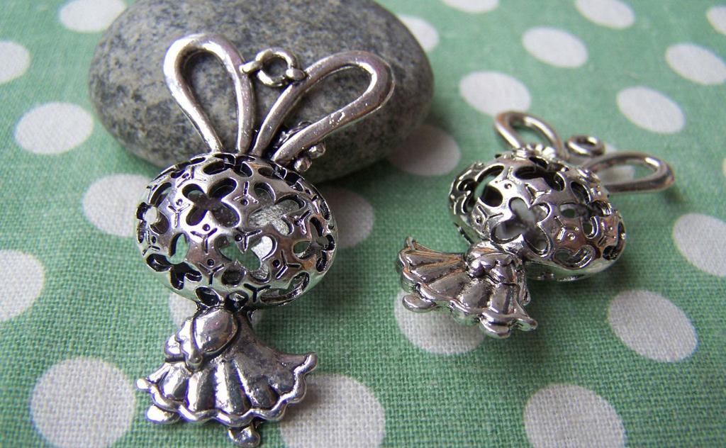 Accessories - 2 Pcs Antique Silver Filigree Rabbit Girl Dress Charms Pendants  22x43mm A1144