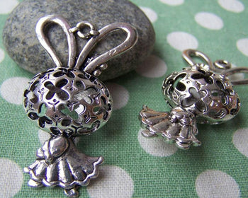 Accessories - 2 Pcs Antique Silver Filigree Rabbit Girl Dress Charms Pendants  22x43mm A1144