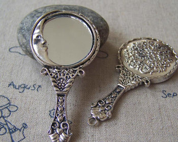 Accessories - 2 Pcs Antique Silver Traditional Chinese Moon Face Glass Mirror Pendant 30x62mm A4244