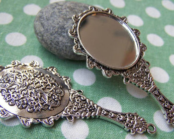 Accessories - 2 Pcs Antique Silver Traditional Chinese Round Glass Mirror Pendant 32x70mm A3646