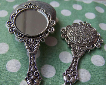 Accessories - 2 Pcs Antique Silver Traditional Chinese Round Glass Mirror Pendant 35x68mm A1781